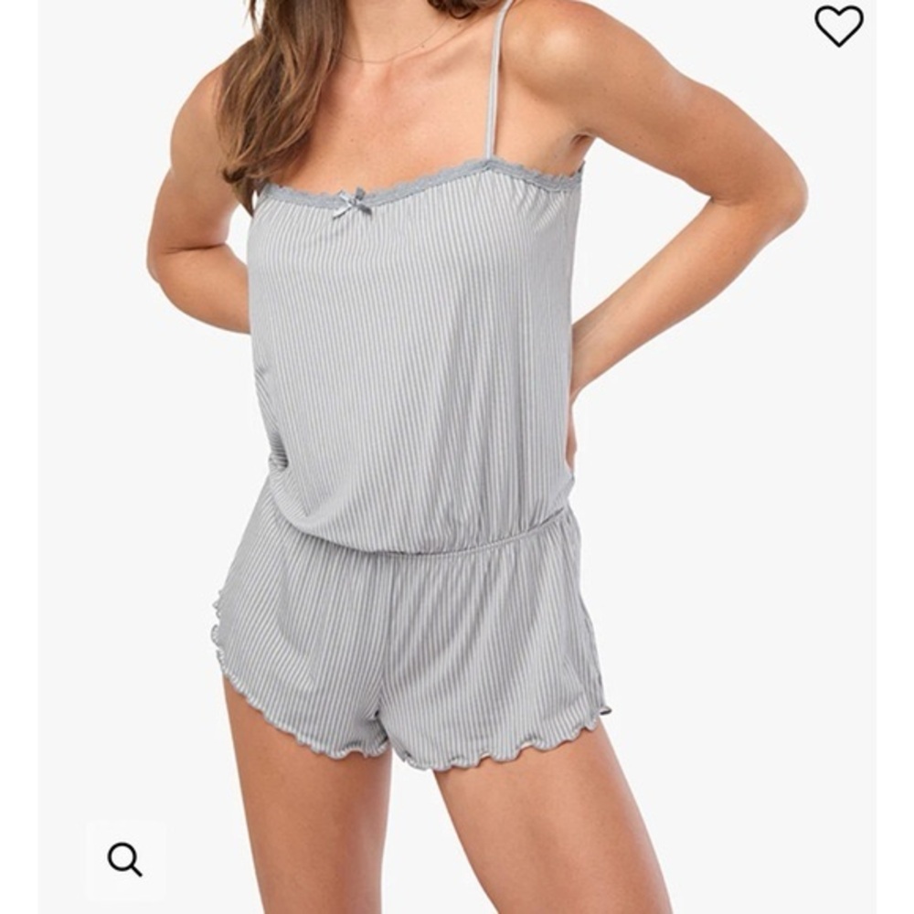 WeWoreWhat Gray Pinstripe Lace Trim Romper